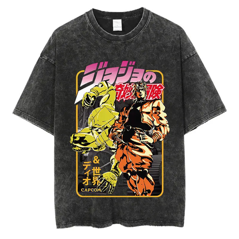 Vintage Washed TShirt Men Summer Hip Hop Streetwear T-shirt JoJo Bizarre Adventure Anime Print Cotton Casual Short Sleeve Tshirt