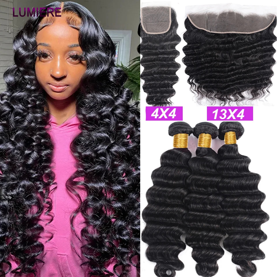 40" Loose Deep Wave Human Hair Bundle With Closure Frontal HD Transparent Lace Closure With Bundle Human Hair Weave Bundles Deal