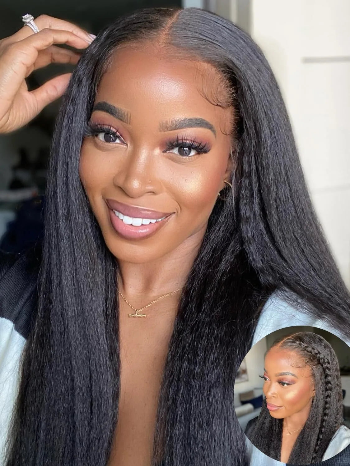 V Part Kinky Straight Human Hair Wig 250% Density for Women Upgrade U part Wig No Leave Out V Shape Clip in Half Wigs No Glue