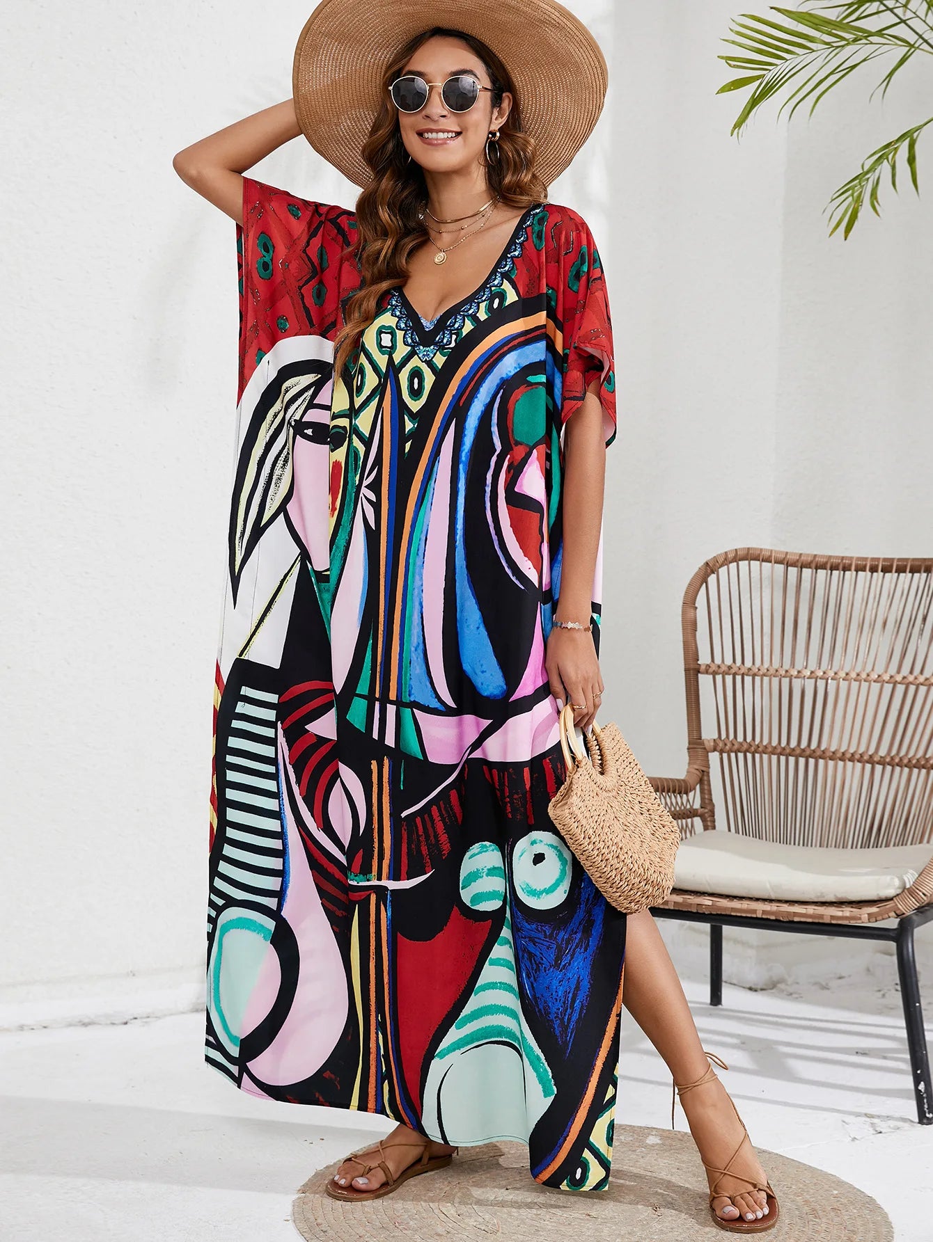 Kaftan Dresses for Women Plus Size Tie Dye Batwing Sleeve Caftans Swimsuit Coverup Maxi Dress Loungewear