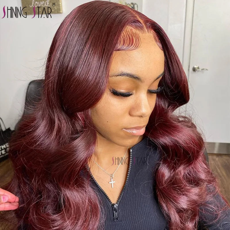 Burgundy Red Bone Straight Lace Front Human Hair Wigs Pre Plucked Colored 99J Red 13x6 Transparent Lace Frontal Wig Human Hair