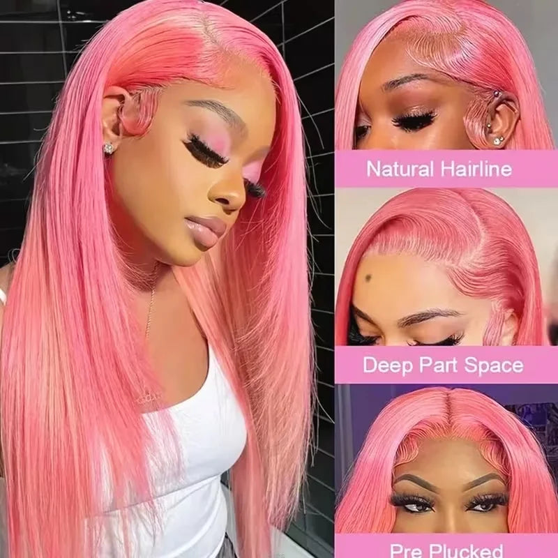 Pink Straight Human Hair Wigs 13X4 13X6 Hd Lace Frontal Wigs 32 36 Inch 220% Density Brazilian Human Hair Preplucked For Women