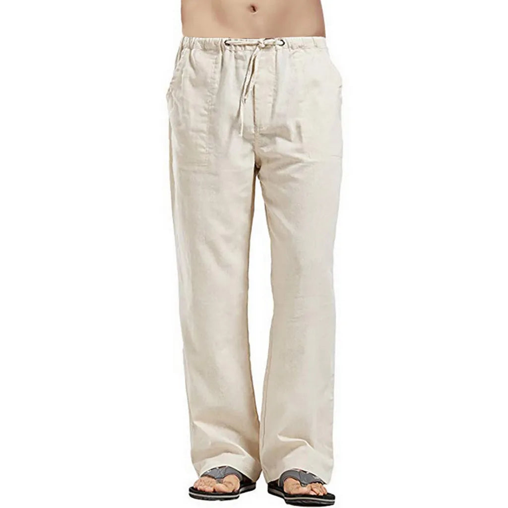 Men's Cotton Linen Pants Summer Solid Color Breathable Linen Trousers Male Casual Elastic Waist Fitness Pants Hip-Hop Streetwear