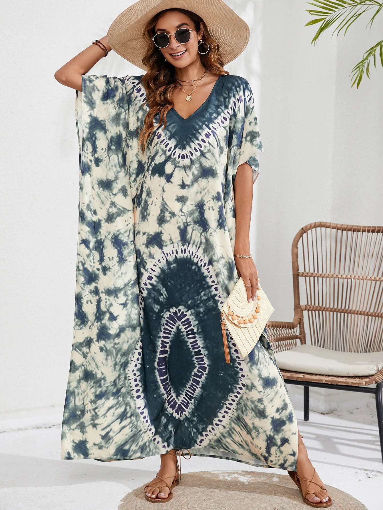 Kaftan Dresses for Women Plus Size Tie Dye Batwing Sleeve Caftans Swimsuit Coverup Maxi Dress Loungewear