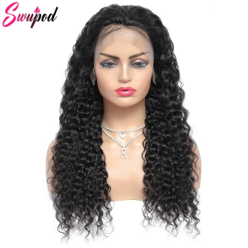 Swupod 200 Density 13x4 13x6 HD Transparent Swiss Deep Wave Lace Frontal Front Wig for Women Remy Human Hair Natural Black