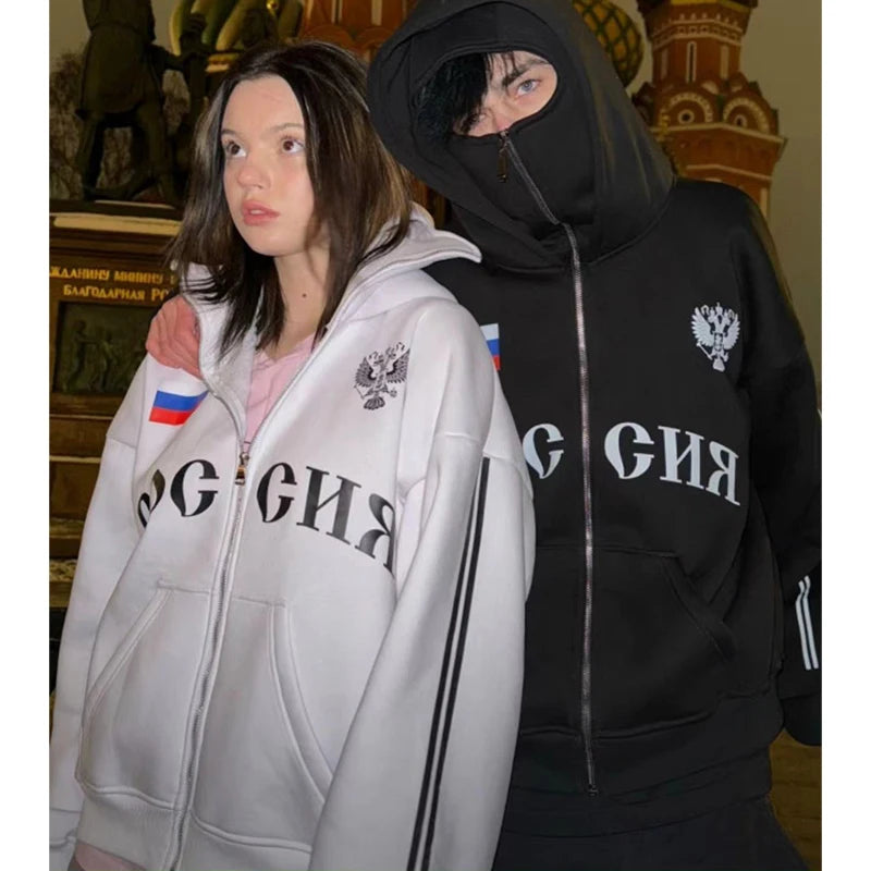 Y2K Clothes Men's Hip Hop Autumn Russia Hot Sale Vintage Double Zip Hoodies Lettering Graphic Hoodies Sweatshirts Casual Jacket