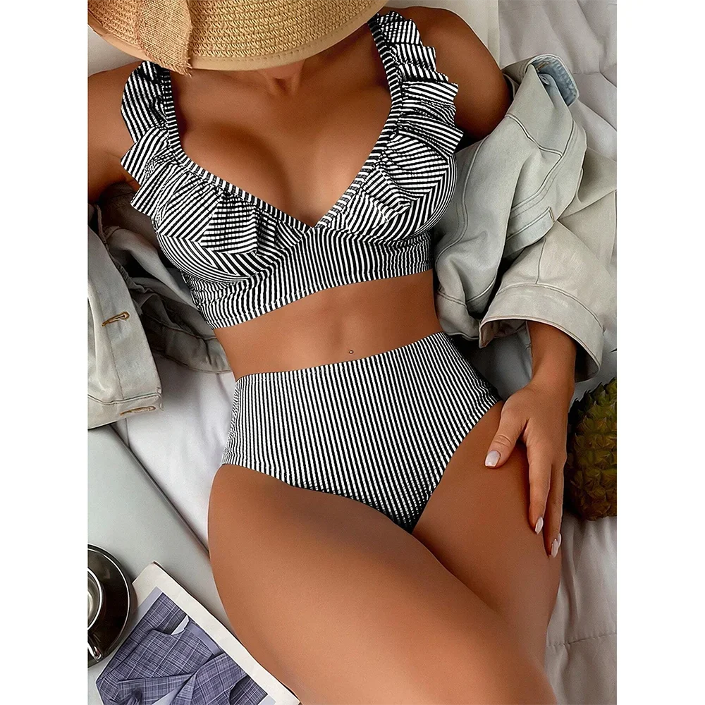 Sexy Striped Ruffle Bikini Swimsuit Women 2025 Two-piece Swimwear High Waisted Bikinis Sets Female Bathing Suit Push Up Monokini
