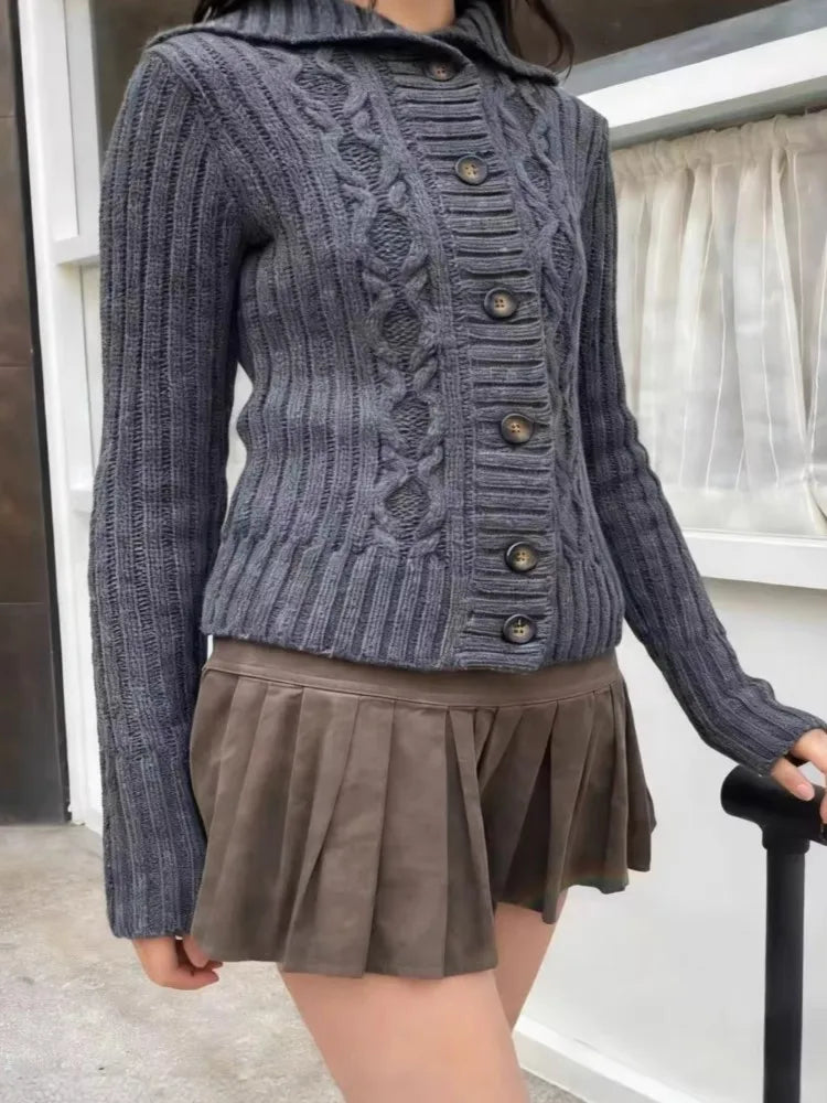 Navy Twist Flower Sweater Cardigan Women Single Breasted Long Sleeve Slim Short Sweaters Autumn Vintage Sweet Knitted Hoodies