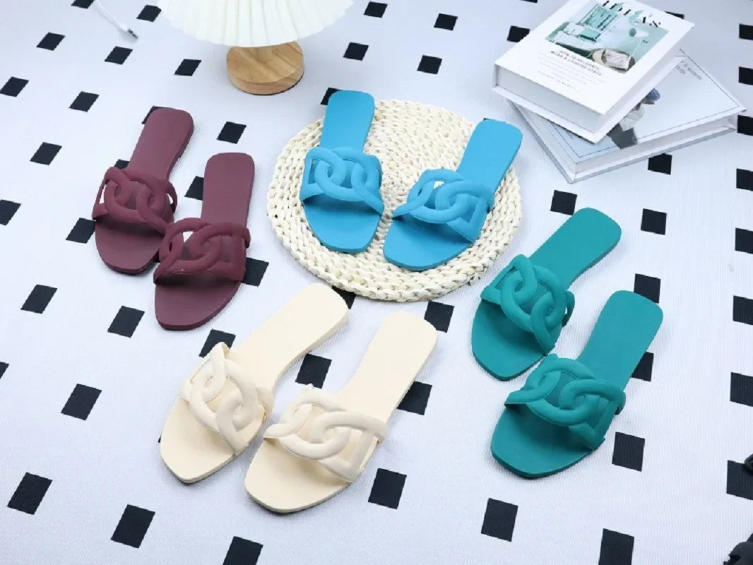 Summer women's one-word sandals daily leisure shopping beach wear flat shoes versatile solid color hollow