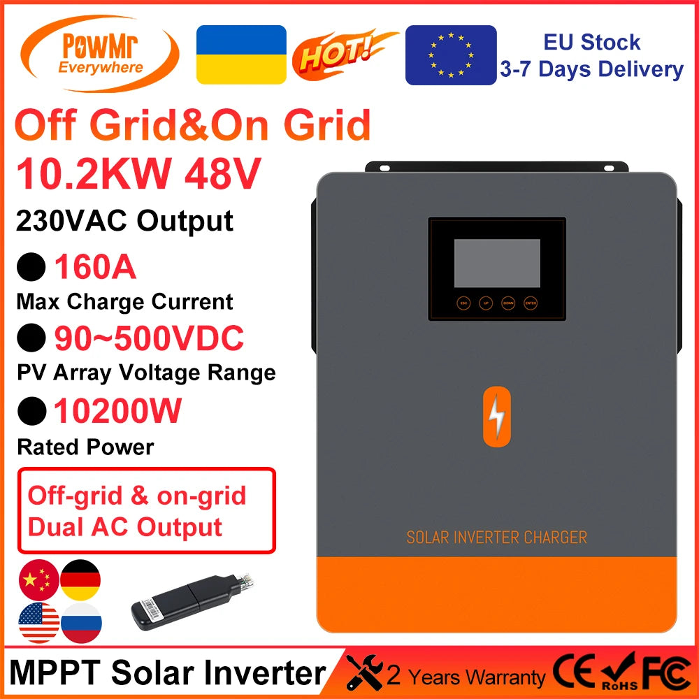 PowMr 10.2KW 48V MPPT Solar Inverter Pure Sine Wave Hybrid 160A 230VAC Output PV 90V~500V Input With Dual AC&Dual PV Interface