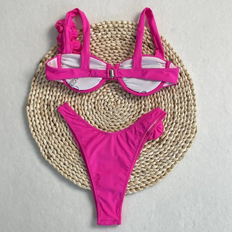 Style Flower Bikinis Women's 2 Piece 3D Rose Bikini Set High Cut Cheeky Swimsuit Floral Appliques Bathing Suit