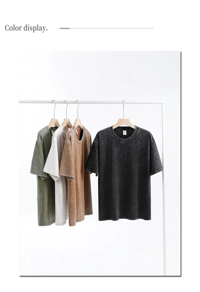 250gsm Men's Washed Vintage T-Shirts Street Hip Hop Retro Punk T Shirt Women Harajuku Casual Cotton Short Sleeve Acid Wash Tops