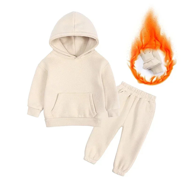 Children Fleece Winter Outfit Toddler Cotton Solid Hoodies Pullover Sweatshirt Pants Tracksuit Set Kids Boy Girl Warm Sweatsuits