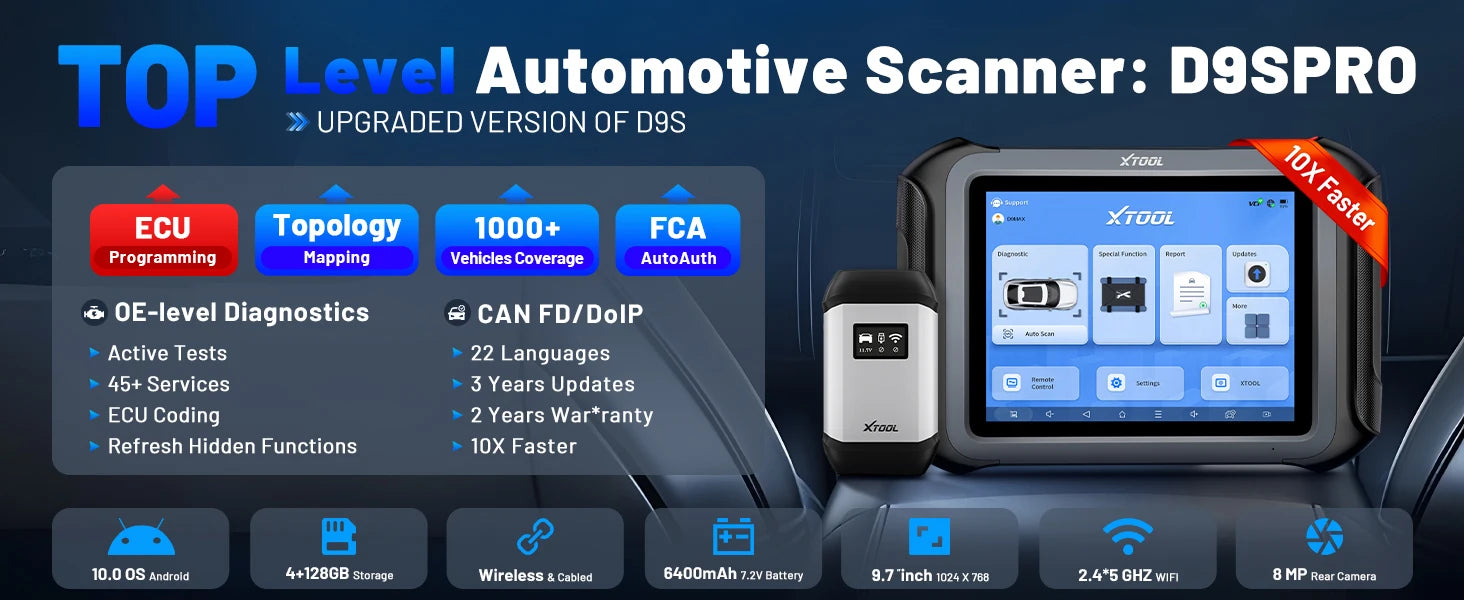 XTOOL D9S PRO Bluetooth Diagnostic Tool ECU Coding Programming Automotive Scanner Key Programmer Topology Map CAN FD DoIP