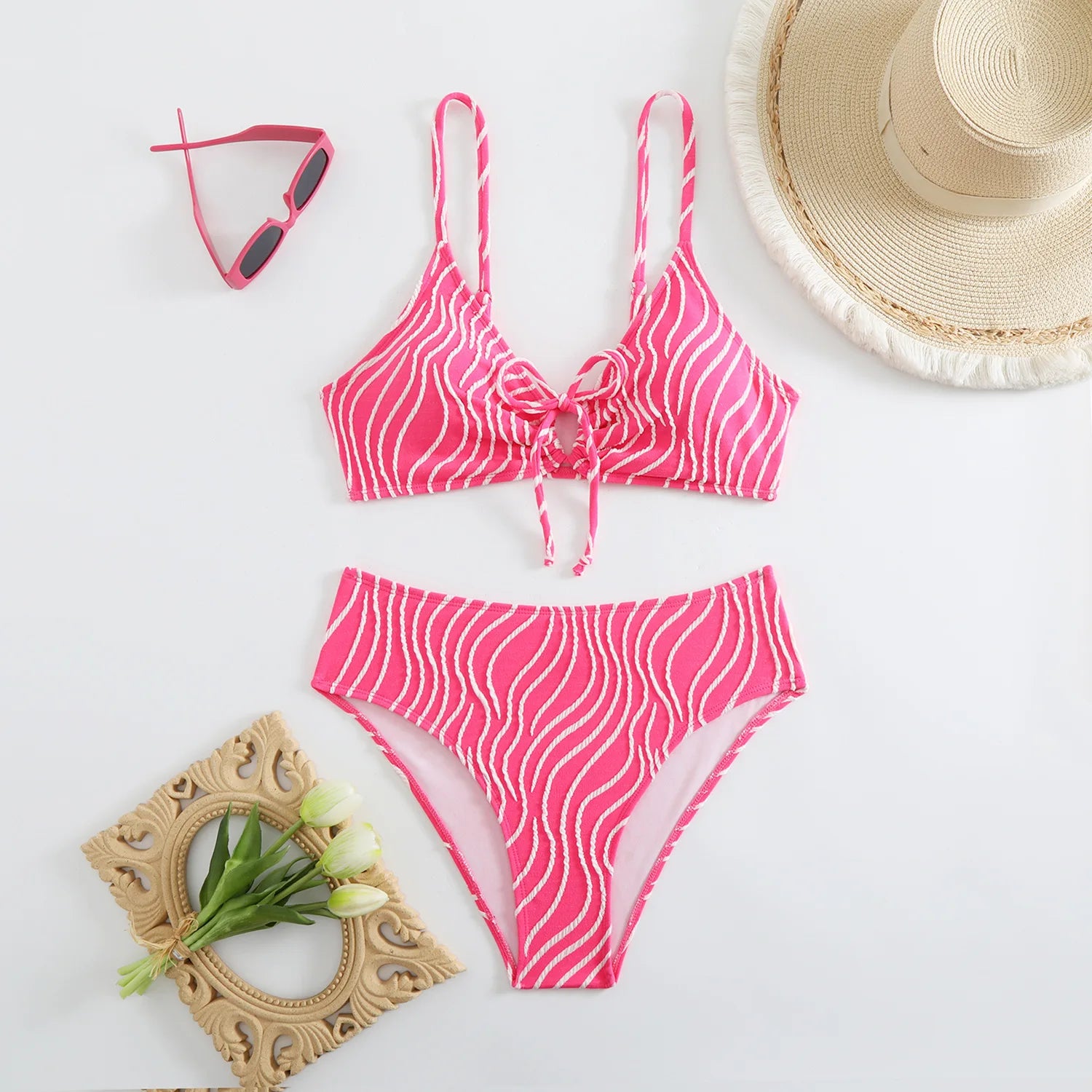 2026 New Women's Bikini Set Stripe Print 2 Pice Swimsuit Drawstring Lace-up V Neck Suspender Backless Beach Vacation Swimwear