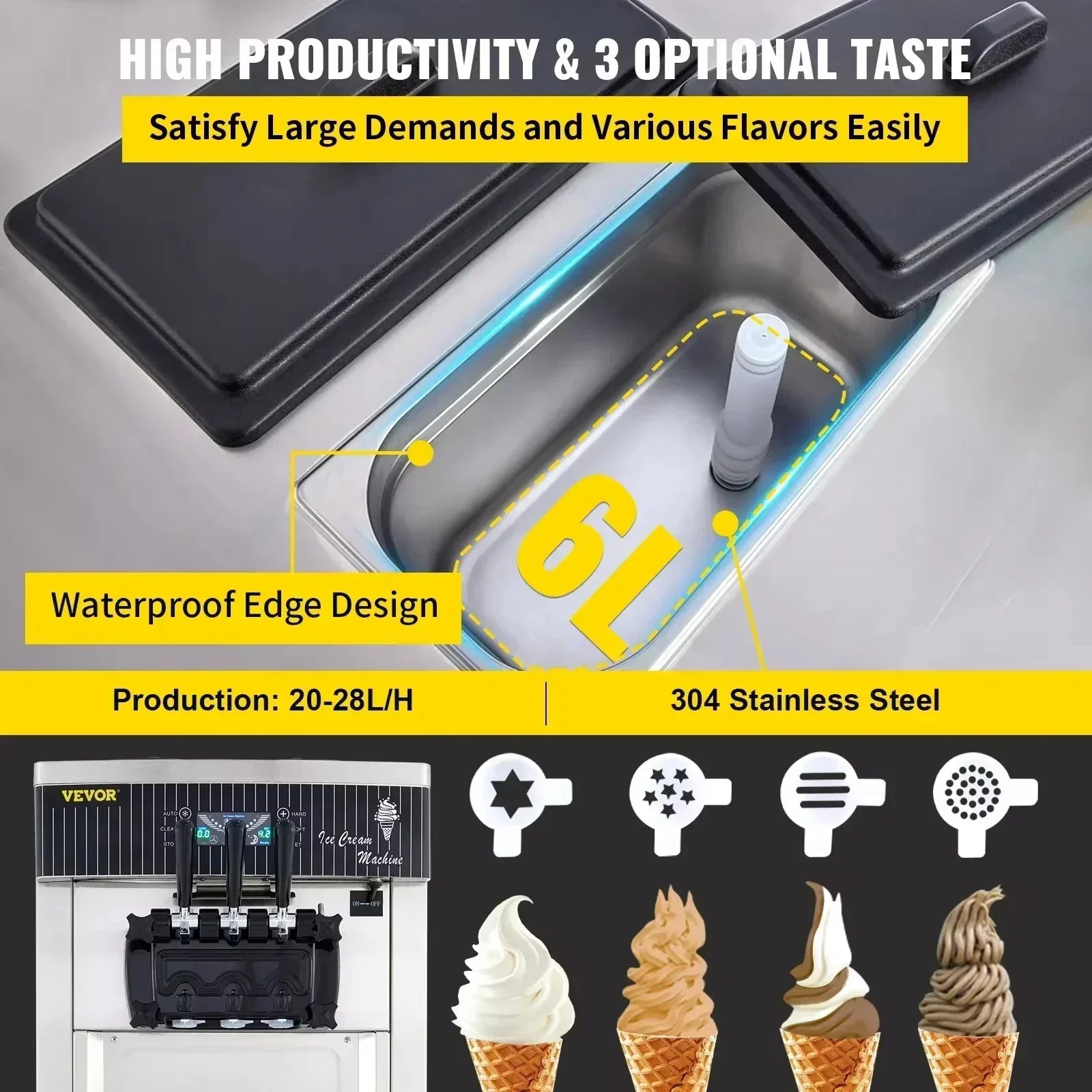VEVOR Commercial Soft Serve Ice Cream Machine 2200W 20-28L/H - Dual 6L Hoppers for 2 Flavors, Dessert Shops & Bubble Tea Stores