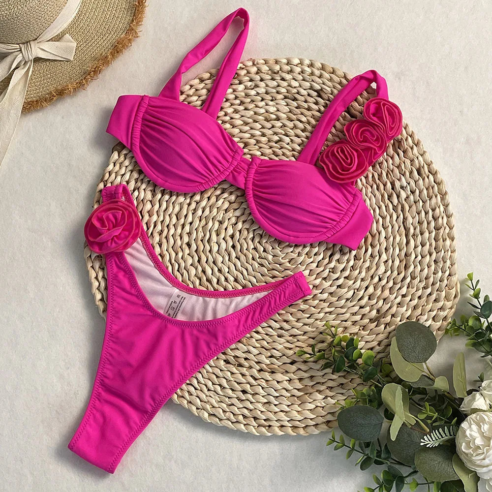 Style Flower Bikinis Women's 2 Piece 3D Rose Bikini Set High Cut Cheeky Swimsuit Floral Appliques Bathing Suit