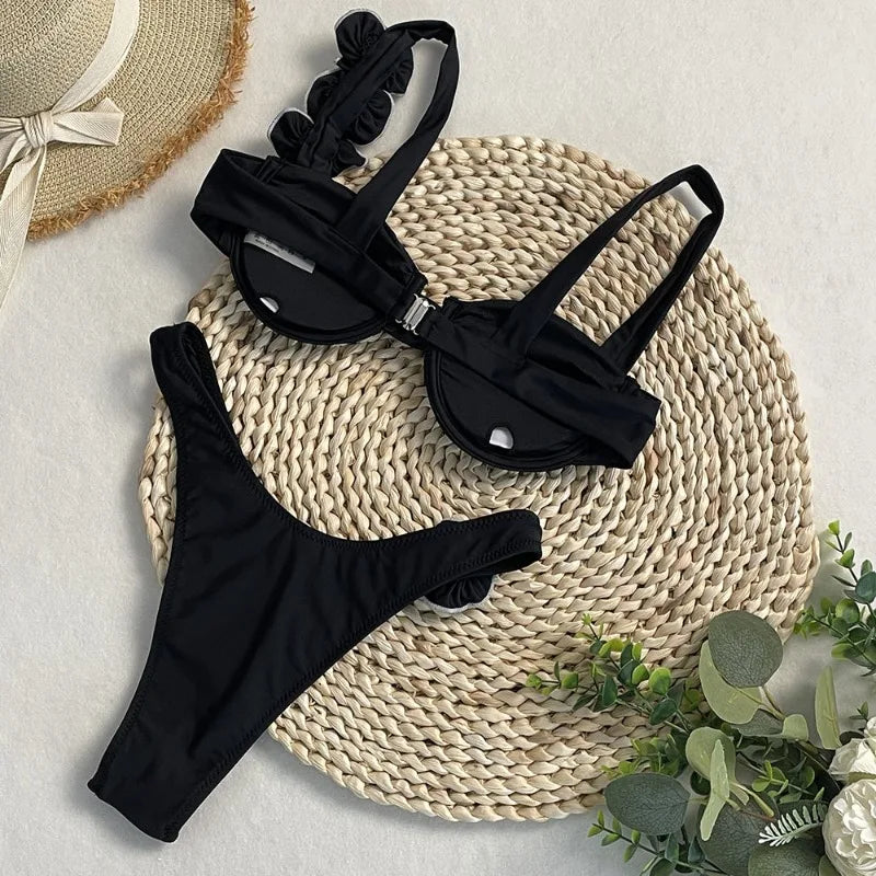 Style Flower Bikinis Women's 2 Piece 3D Rose Bikini Set High Cut Cheeky Swimsuit Floral Appliques Bathing Suit