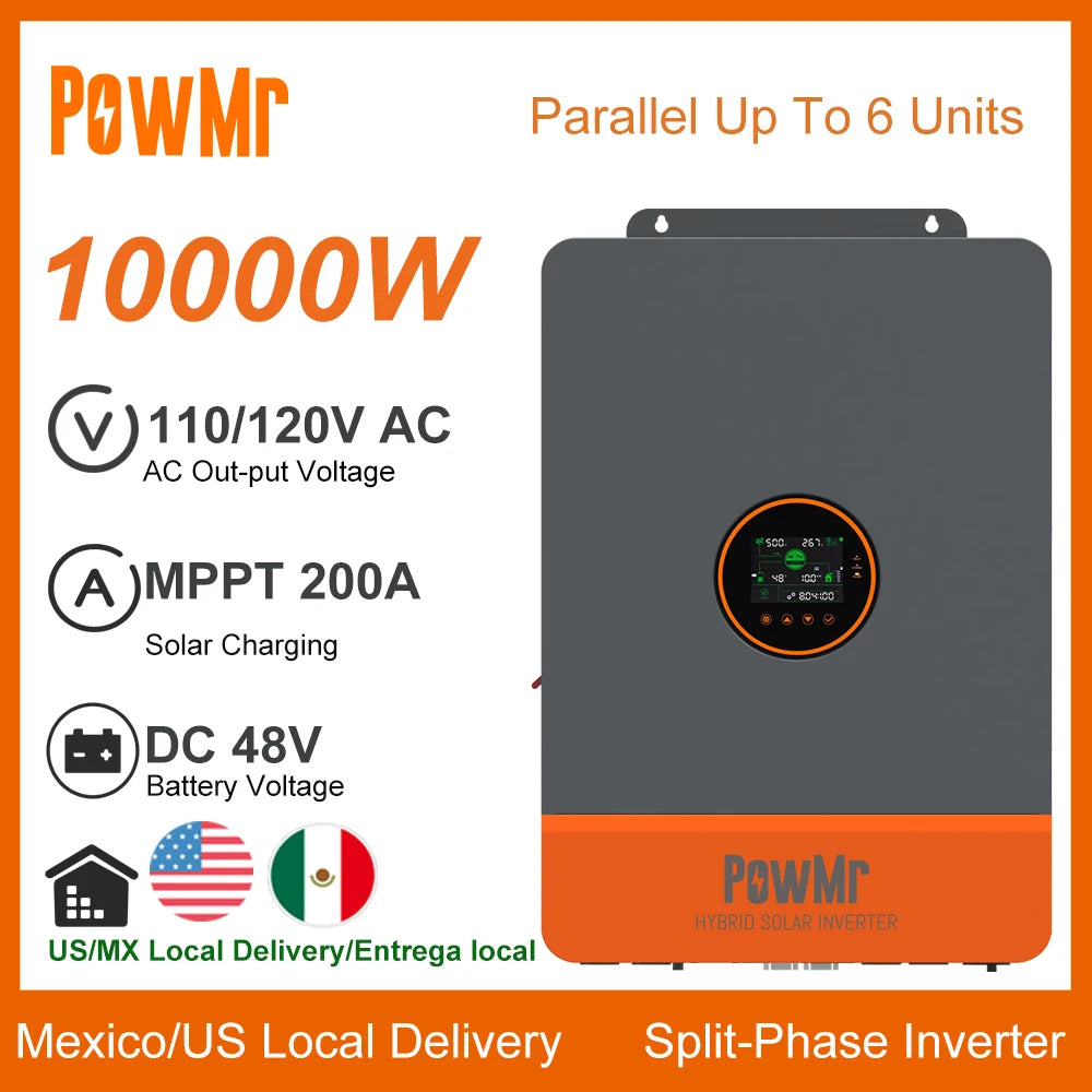 PowMr 2 MPPT 10KW 48V DC to 120V/240V AC Split-Phase Pure Sine Wave Hybrid Inversor With 200A MPPT Solar Charger Max PV 500Vdc