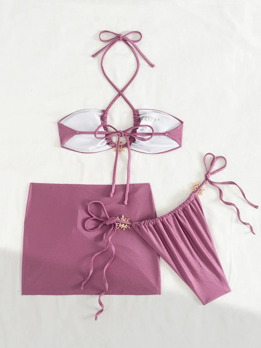 3 PCS with Skirt Halter Strappy Bikini Female Swimsuit Women Swimwear Three-pieces Bikini Set Bather Bathing Suit Swim Beachwear