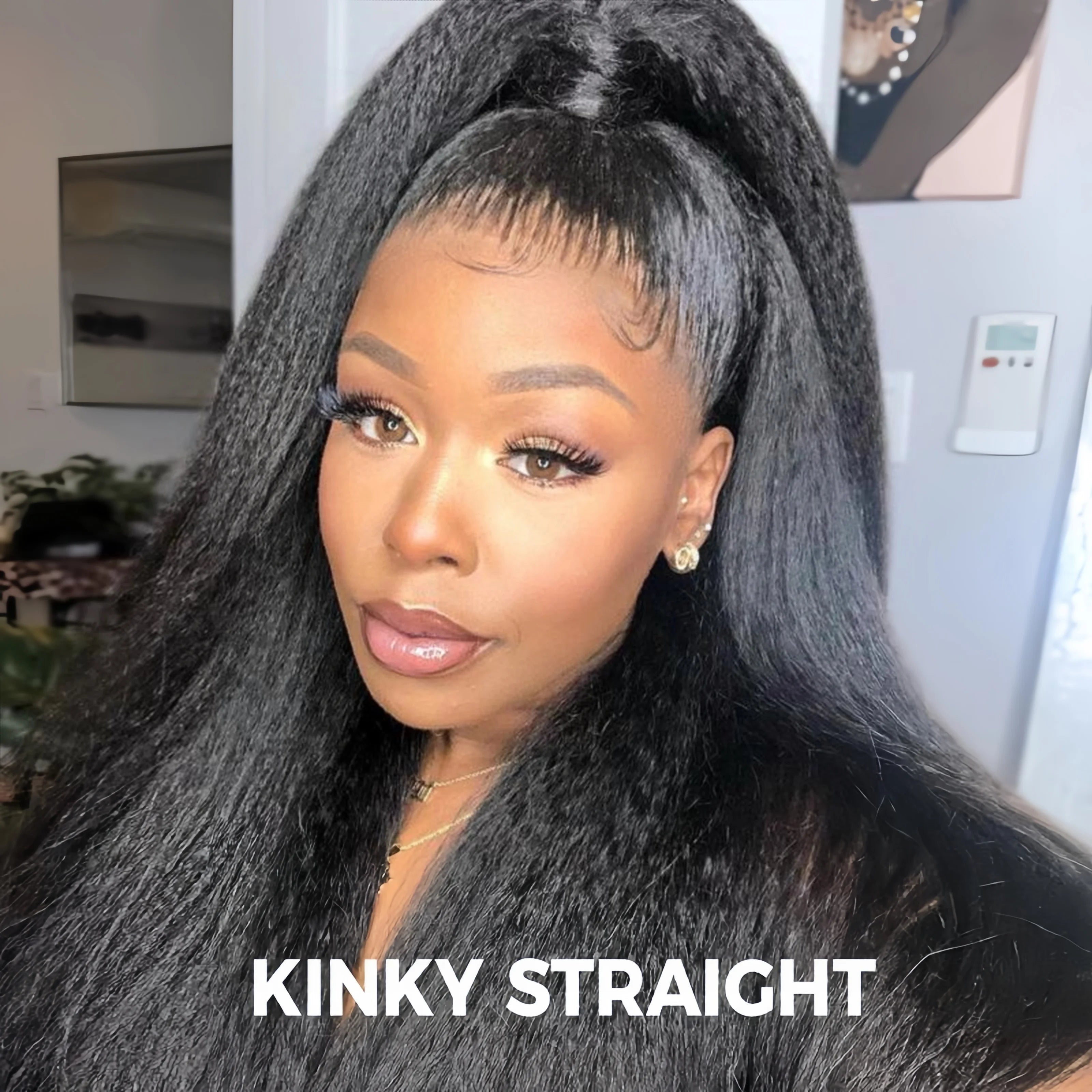 Kinky Straight Glueless Wigs Adjustable Drawstring 3 IN 1 Half Wigs Human Hair 250% Snug Fit No Leave Out Clip-in Yaki Wave Wigs
