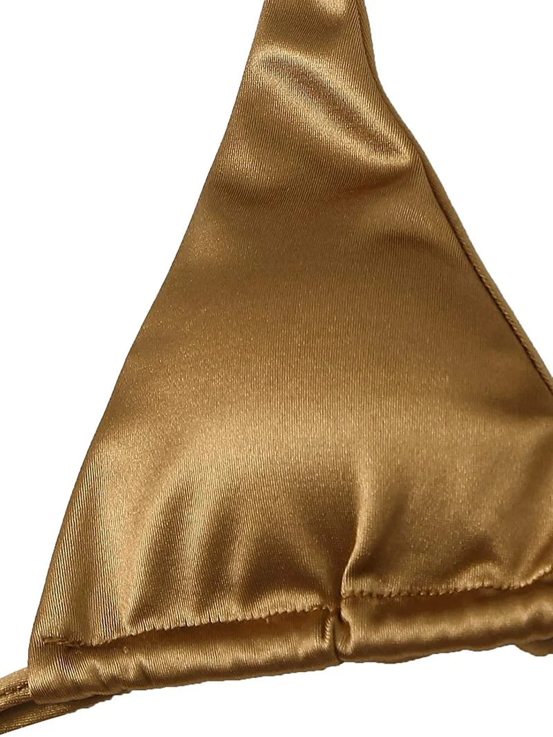 Sexy Women's Metallic Halter Top Two Piece Swimsuit Tie Side Triangle Bikini Summer Solid Bathing Suit Beachwear Bikini Set