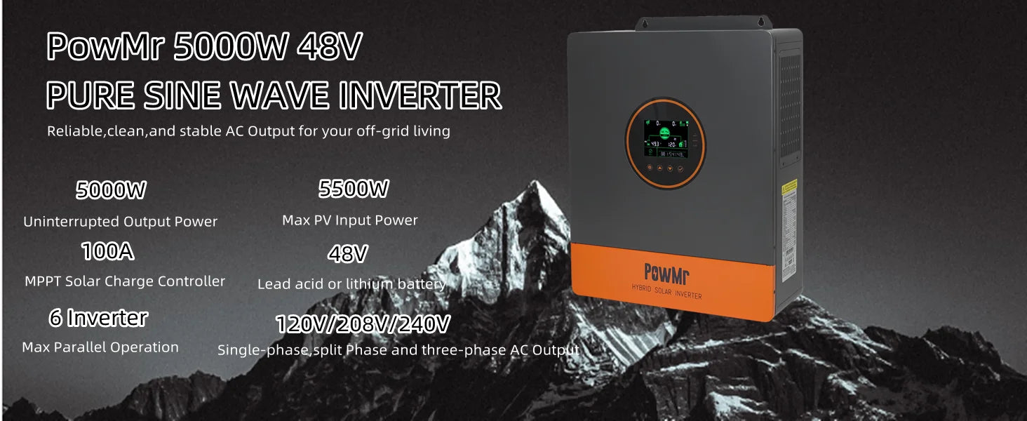 PowMr 5KW Split Phase Inverter 48V 110V Off Grid Pure Sine Hybrid Solar Inverter with MPPT 100A Battery Charger Parallel Up to 6
