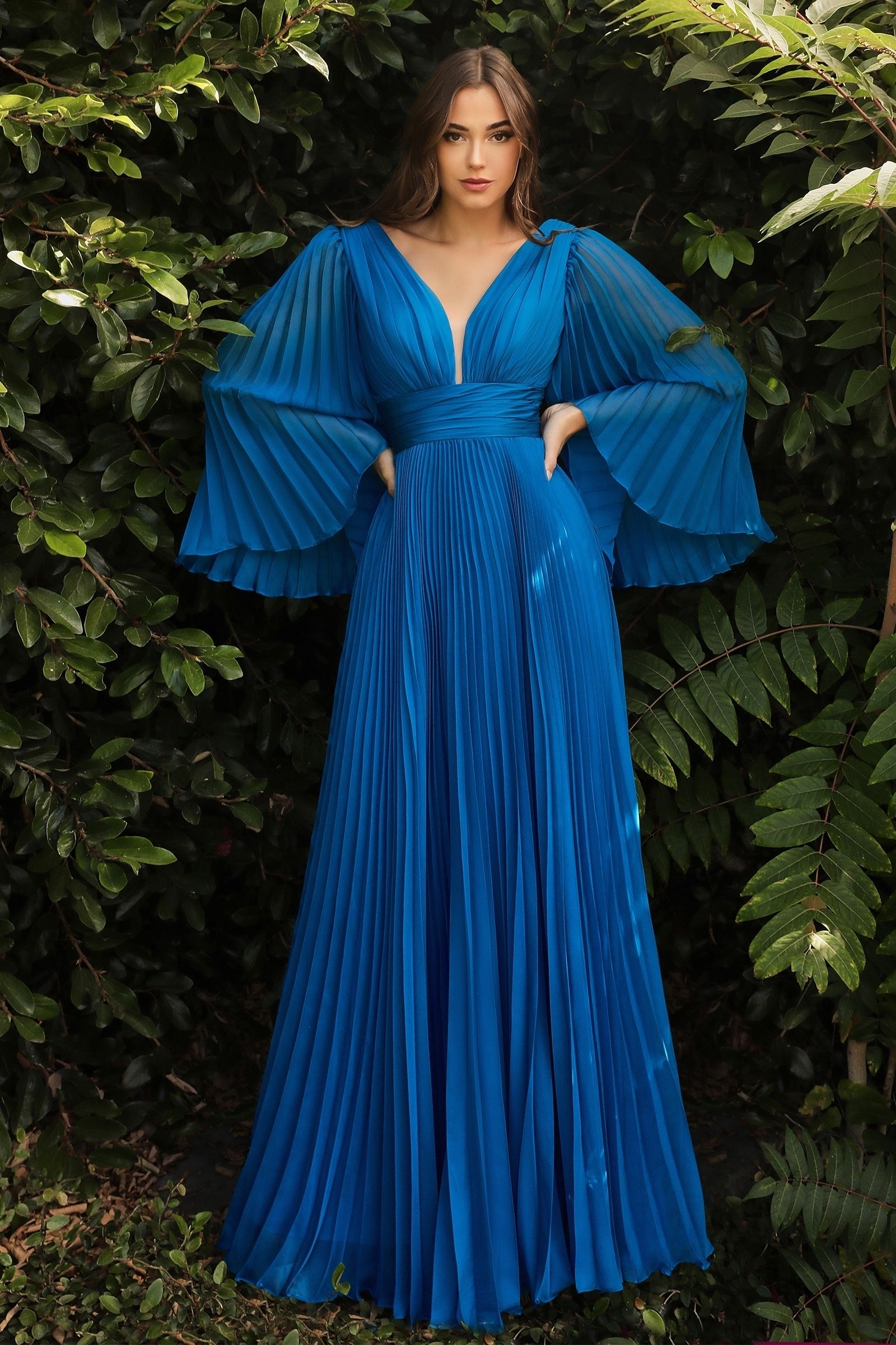 Pleated Chiffon Gown with Deep V-neckline, perfect for Mother of the Bride