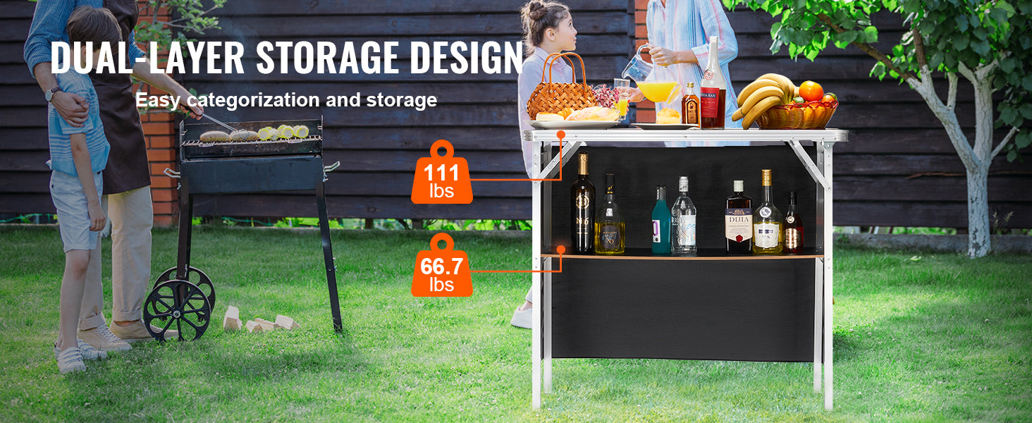 SucceBuy Folding Portable Bar Table Tradeshow Podium Table for Party Picnic Exhibition Include Carrying Case Storage Shelf Skirt